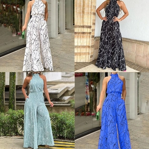 Combinaison Licou Femme Imprimé Lignes de Visage Abstrait Sans Manches Taille Haute Jambe Large Pantalon Long Combinaison Élégante Mode Été