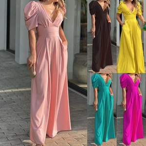 Combinaison Élégante à Col en V Profond et Manches Bouffantes Combinaison Femme Sexy Dos Nu Taille Haute Couleur Unie Une Pièce avec Poches