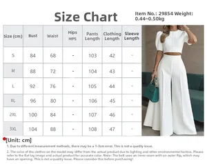 Detailed size chart for the elegant two-piece set featuring top and wide-leg trousers