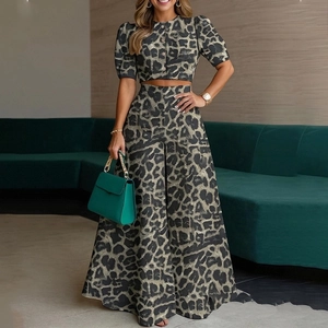 Detail of leopard print short sleeve top and high waist wide leg trousers two-piece set