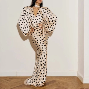 Vintage champagne polka dot maxi dress with V-neck, lantern sleeves and satin finish
