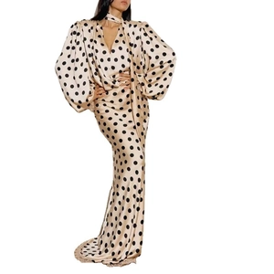 Vintage beige polka dot V-neck maxi dress with puff sleeves and silky satin finish