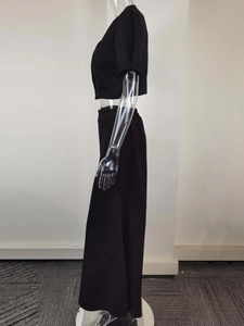 Side view of elegant black two-piece set featuring cropped top and wide-leg trousers