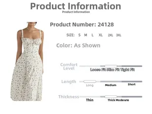 Detailed view of white floral dress with green print, side slit, and size chart table
