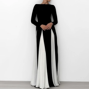 Elegant long sleeve maxi dress featuring black body and white pleated contrast hem