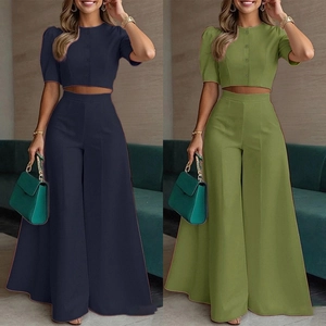 Women's chic two-piece set featuring a short sleeve crop top and high waist wide leg pants