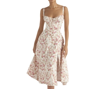 French style floral slip dress with pink print, spaghetti straps and side slit detail
