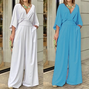 Mono elegante para mujer con cuello en V, talle alto ajustado y pernera ancha