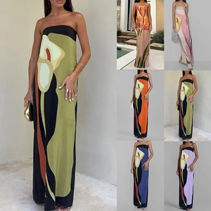 Women Elegant Tube Top Maxi Dress Calla Lily Floral Print Backless Slim Fit Summer Vacation Strapless Beach Dress