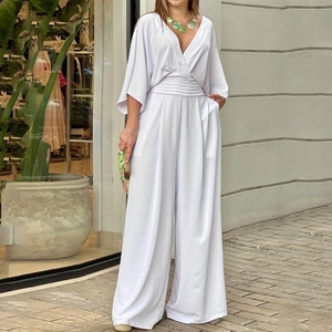 Elegant white deep V-neck jumpsuit with waist pleats and wide legs for women