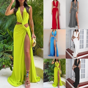 Sexy Col en V Ajouré Nœud Sans Manches Fente Haute Robe Maxi Femmes Couleur Unie Coupe Ajustée Élégante Fête Clubwear Été Robe