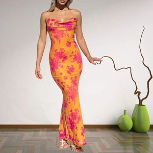 Sexy Cowl Neck Spaghetti Strap Bodycon Maxi Dress Vintage Floral Print Backless Waist Tie Summer Party Clubwear For Women