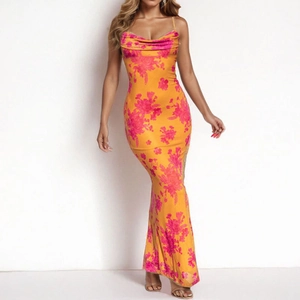 Detail of the cowl neck and vibrant floral print on this orange bodycon maxi dress