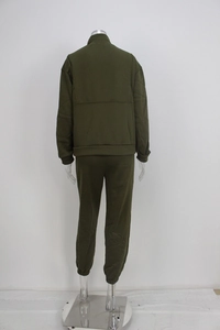 Back view of army green two-piece tracksuit set with half-zip sweatshirt and joggers