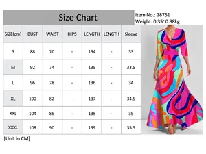 Detailed size chart for elegant V-neck printed slim fit maxi dress with measurements.