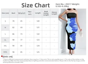 Size guide table for floral tube dress showing bust, waist and length measurements