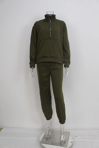 Detail of army green tracksuit featuring half-zip high collar and ribbed cuffs design