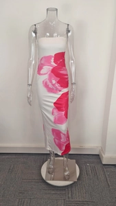 Detail of slim fit strapless floral midi dress with pink abstract petal prints