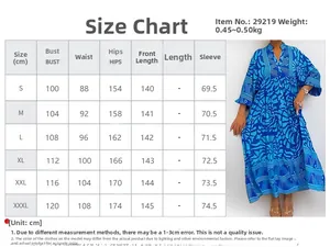 Detailed size chart for the V-neck printed maxi dress covering sizes S to XXXL