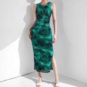 Sleeveless emerald green floral midi dress with ruched waist and side slit detail