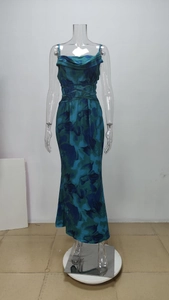 Detailed view of cowl neck floral satin dress with criss-cross waist lace-up feature