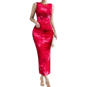 Sleeveless red floral print maxi dress with slim fit waist and high side slit detail