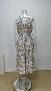 Detail of floral print on white V-neck midi dress with pink and purple flowers