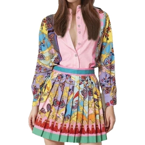 Women vintage baroque print long sleeve shirt and pleated skirt two-piece outfit