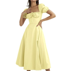 French vintage pale yellow puff sleeve dress with square neck and side slit detail