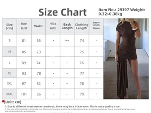 Detailed size guide for women's asymmetric bodycon dress showing bust and waist measurements