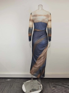 Elegant bodycon crew neck maxi dress featuring a unique artistic landscape print on back