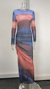 Detail of multi-color gradient tie-dye mesh dress with side ruching and slim fit