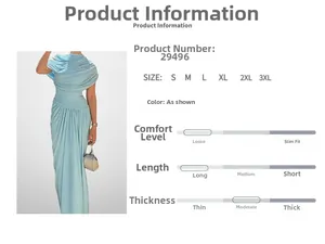 Detail view of the asymmetric pleated waist and elegant slim-fit blue maxi dress texture