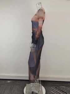 Detailed side view of slim fit maxi dress with abstract gradient print and long sleeves