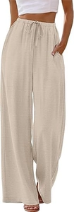 Close-up of drawstring elastic waistband and side pockets on beige wide leg trousers