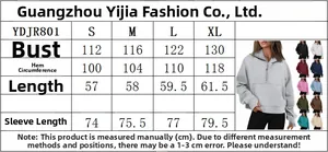 Detailed size chart for women's half-zip hoodie with chest and length measurements