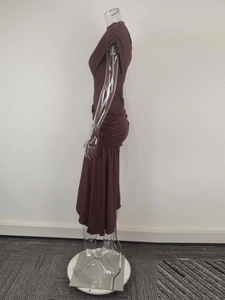 Detailed side view of burgundy sleeveless bodycon dress with ruching effects
