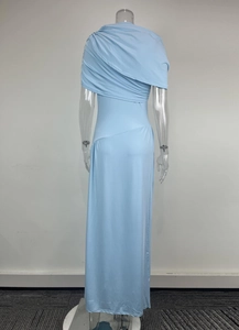 Detailed back view of light blue maxi dress with elegant draped layers and pleated design