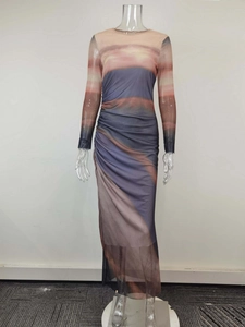 Detail of elegant gradient mesh dress featuring side ruching and abstract print