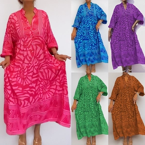 Women's V-Neck Abstract Print Maxi Dress Long Sleeve Loose Casual Vacation Kaftan Style Boho Tiered Long Dress