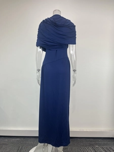 Detailed back view of navy blue evening gown with elegant draped wrap pleated texture