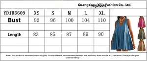 Size chart for women's V-neck sleeveless dress showing bust and length in cm