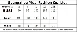 Size guide table for V-neck sleeveless printed maxi dress showing S to XXL dimensions
