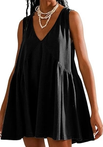 Detailed close-up of a black sleeveless V-neck cotton dress with tiered pleated ruffles