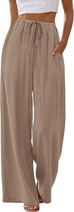 Detail view of khaki wide-leg pants featuring elastic drawstring waist and linen texture
