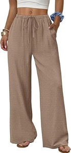 Detail view of khaki high-waisted wide-leg trousers with drawstring elastic waistband