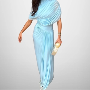 Elegant light blue long dress with stylish waist pleats and sleeveless high neckline design
