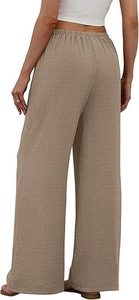 Back view of khaki wide-leg trousers with elastic waist and textured fabric detail
