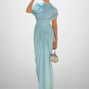 Elegant light blue long dress with ruched waist and draping detail shown on model