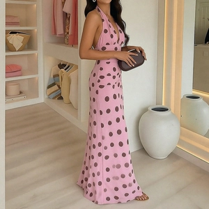 Elegant halter neck V-neck polka dot maxi dress with backless design for women